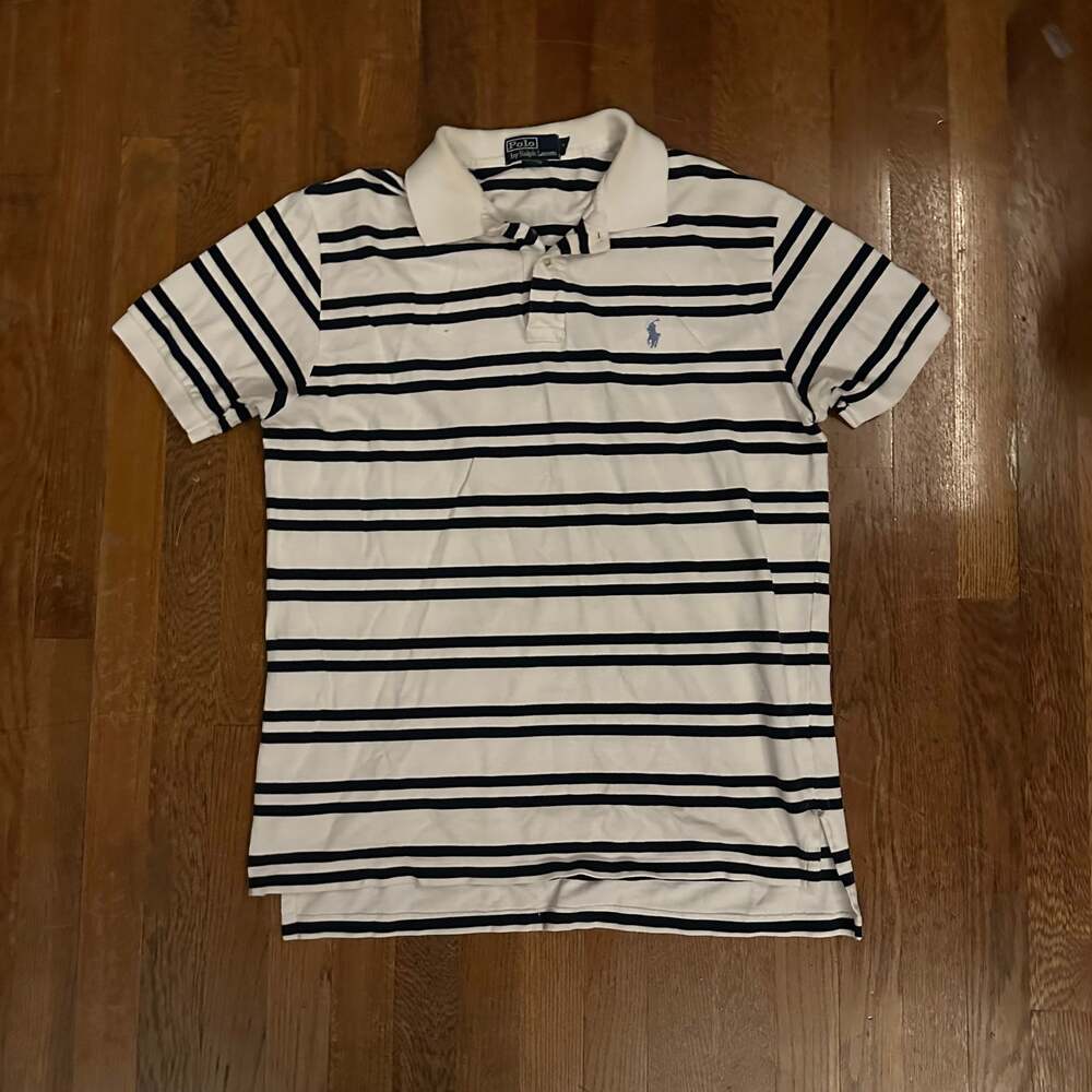 Polo Ralph Lauren Men's White and Blue Striped Short Sleeve Polo Shirt